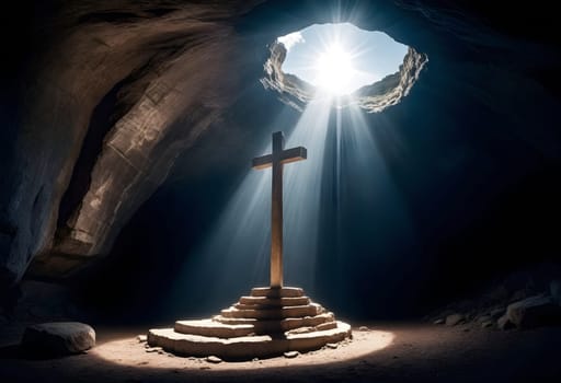 AI generated of a cross in a cave with the sun behind it
