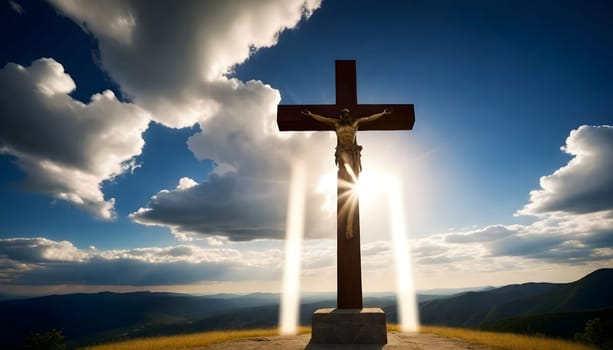 AI generated of a cross on top of a mountain with the sun behind it