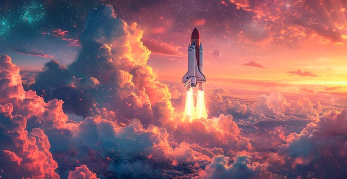 Launching a NASA spacecraft into space from Earth. Rocket flying to Mars, Moon, ISS AI generated image