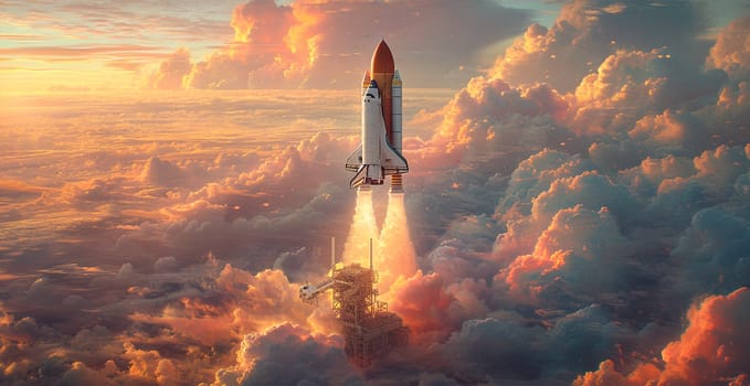 Launching a NASA spacecraft into space from Earth. Rocket flying to Mars, Moon, ISS AI generated image