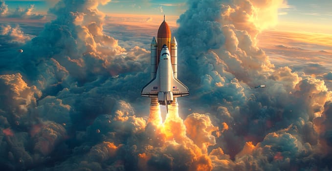 Launching a NASA spacecraft into space from Earth. Rocket flying to Mars, Moon, ISS AI generated image
