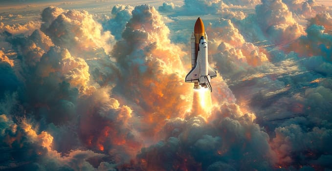 Launching a NASA spacecraft into space from Earth. Rocket flying to Mars, Moon, ISS AI generated image