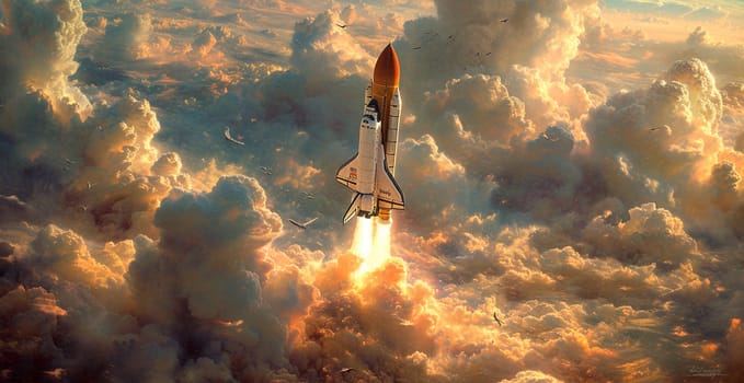 Launching a NASA spacecraft into space from Earth. Rocket flying to Mars, Moon, ISS AI generated image