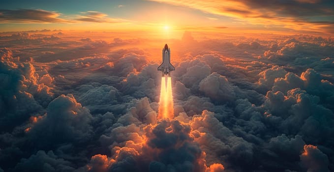 Launching a NASA spacecraft into space from Earth. Rocket flying to Mars, Moon, ISS AI generated image