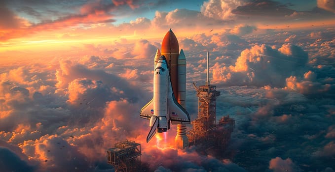 Launching a NASA spacecraft into space from Earth. Rocket flying to Mars, Moon, ISS AI generated image