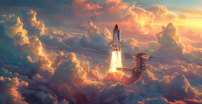 Launching a NASA spacecraft into space from Earth. Rocket flying to Mars, Moon, ISS AI generated image