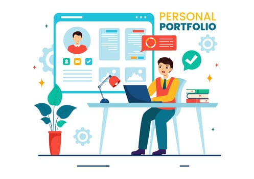 Personal Portfolio Vector Illustration with Profile Data, Resume or Self Improvement to Attract Clients and Employers in Flat Cartoon Background