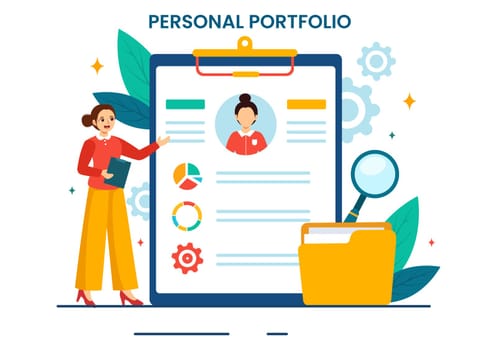 Personal Portfolio Vector Illustration with Profile Data, Resume or Self Improvement to Attract Clients and Employers in Flat Cartoon Background