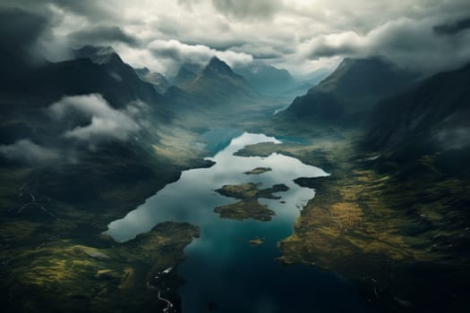 Aerial View of Serene Lake Reflecting Mountains. Generative AI