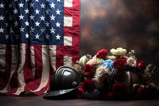 An American flag backdrop illuminating a firefighter's helmet. Generative AI