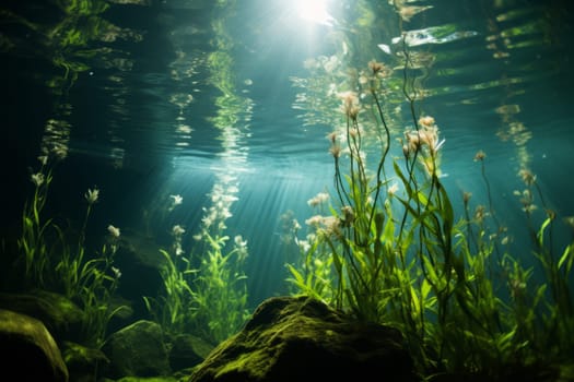 An underwater view of aquatic plants thriving in a clear pond. Generative AI