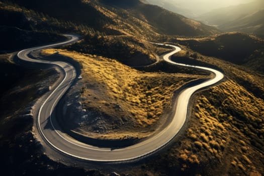 Aerial view of a winding road. Generative AI
