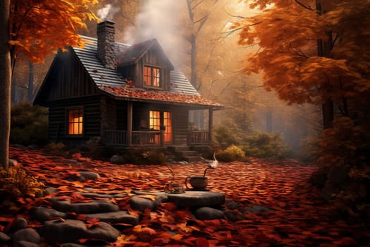 Cozy cabin with smoke rising from the chimney. Generative AI