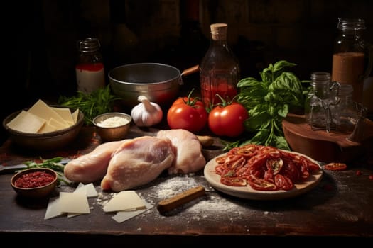 Preparation with ingredients for chicken parmigiana. Generative AI