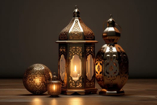 Pair of elegant golden lanterns on a rustic wooden table. Generative AI