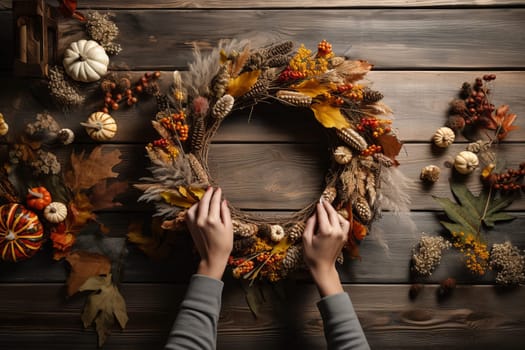Person's hands crafting a fall wreath with leaves. Generative AI