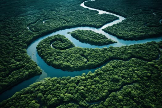 Aerial View of Meandering Forest River. Generative AI