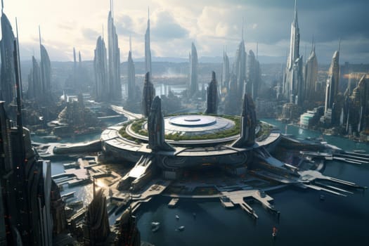 Futuristic cityscape surrounded by water and towering skyscrapers. Generative AI