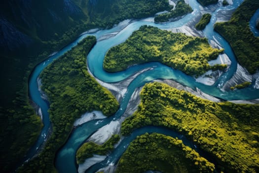 Aerial view of a winding river. Generative AI