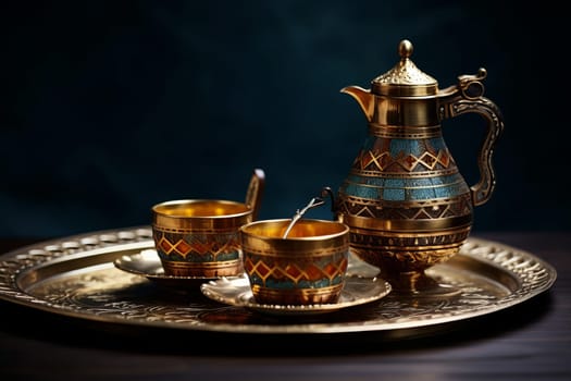 Tea set on a tray on a table. Generative AI