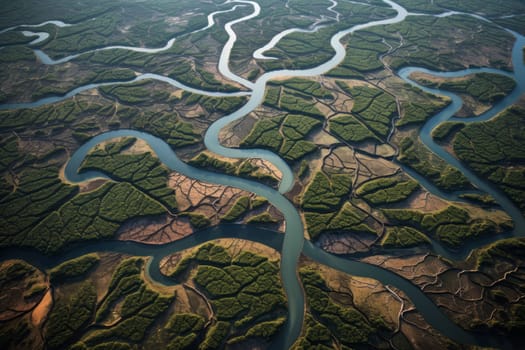 Aerial View of Winding River Deltas. Generative AI