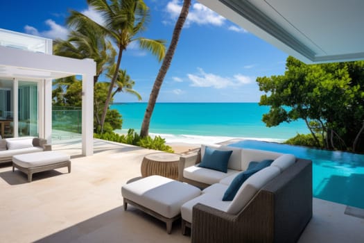 Beach house tranquility with a private pool and panoramic ocean. Generative AI