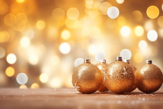 Three gold christmas ornaments sitting on a table. Generative AI