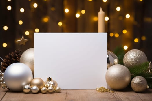 White sheet of paper surrounded by christmas decorations. Generative AI