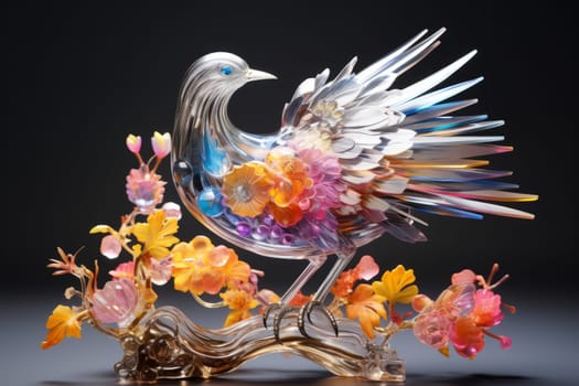 Glass sculpture of a bird with flowers. Generative AI