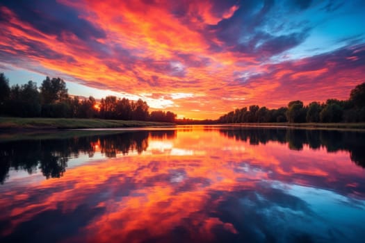 Calm River Reflecting Sunset Sky. Generative AI