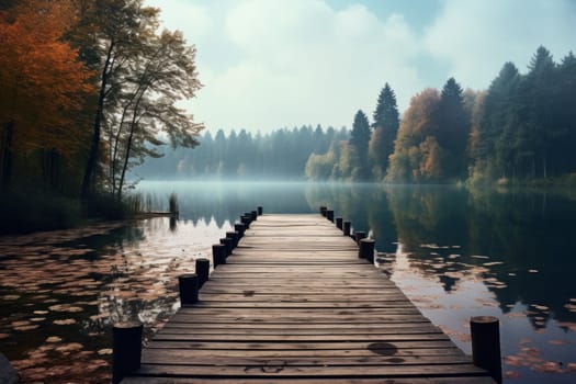 Charming wooden pier extending into a calm lake. Generative AI