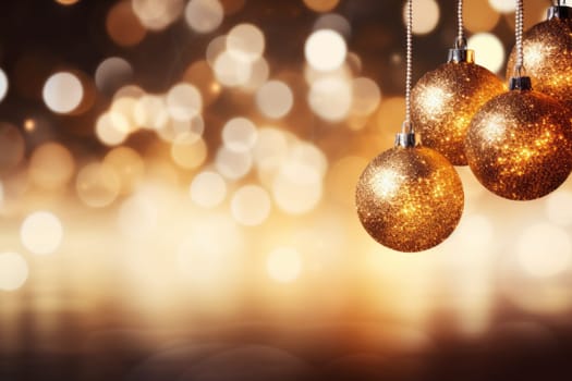 Group of golden christmas ornaments hanging from a string. Generative AI