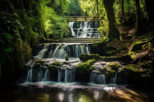 Cascading Waterfall in Lush Forest. Generative AI
