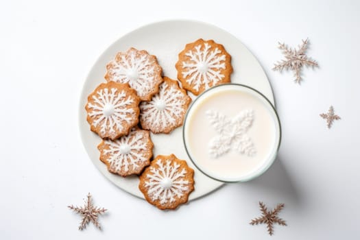 Christmas cookies and milk arranged on a white background. Generative AI