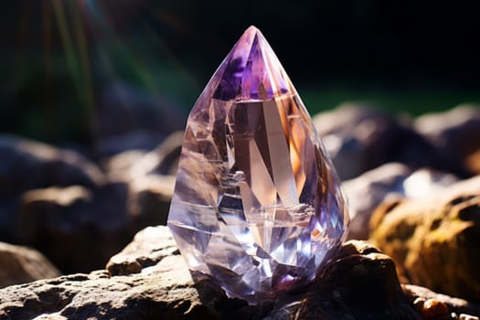 Purple diamond sitting on top of a pile of rocks. Generative AI