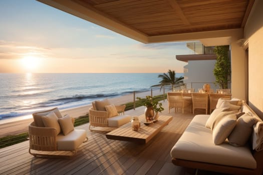 Coastal elegance: a beach house with a spacious balcony. Generative AI