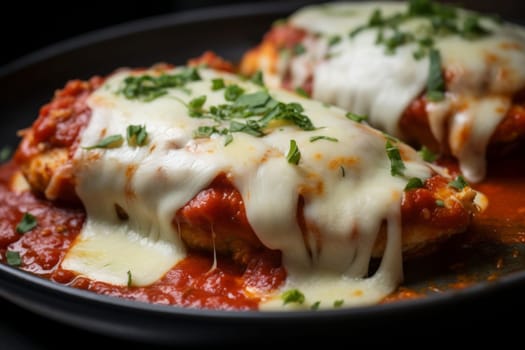 Bubbling cheese and marinara sauce on chicken parmigiana. Generative AI