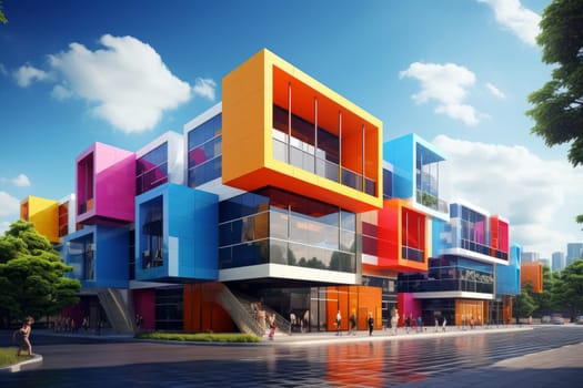 A rendering of a multi colored building on a street corner. Generative AI
