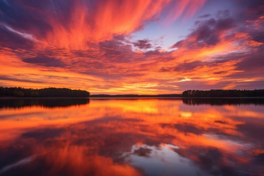 Beautiful sunset over a lake with clouds in the sky. Generative AI