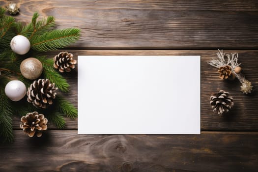 Blank paper surrounded by christmas decorations. Generative AI