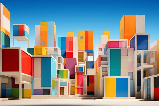 Vibrant cityscape with colorful buildings under a clear blue sky. Generative AI