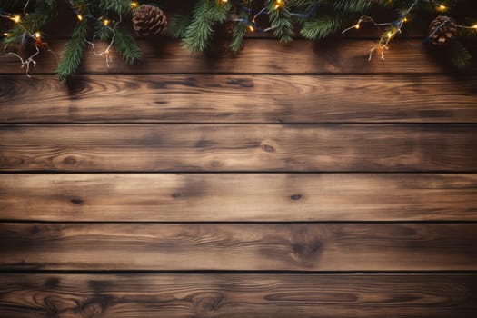 Wooden background with pine cones and lights. Generative AI