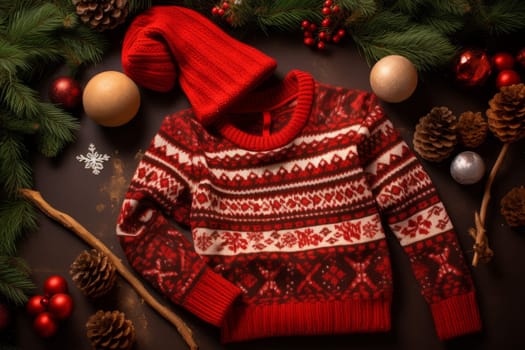 Cozy Christmas sweater flatlay. Generative AI