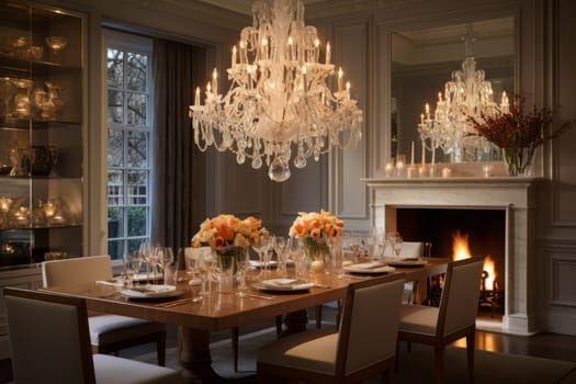 Dining room table with a chandelier above it. Generative AI