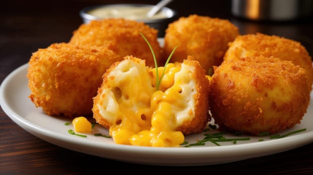 Delicious and greasy deep fried macaroni and cheese bites. Generative AI