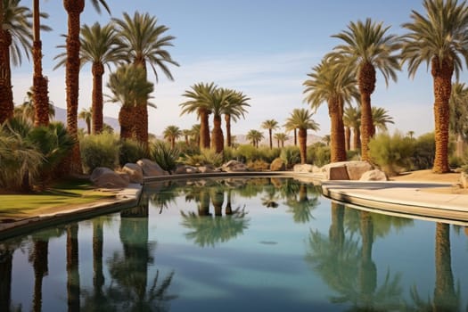 Palm Oasis with Reflecting Pool. Generative AI