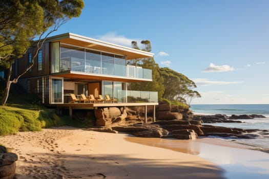 Beachfront house with stunning ocean view. Generative AI