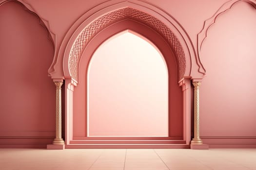Pink room with arches and a tiled floor. Generative AI