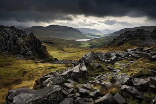 View of a mountain range with rocks and grass in the foreground. Generative AI