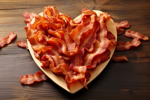 Crispy bacon strips arranged in a heart shape. Generative AI
